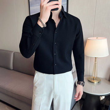 British Style Spring New Waffle Long Sleeve Shirts For Men Clothing Quality Slim Fit Drape Tuxedo Casual Chemise Homme Sale